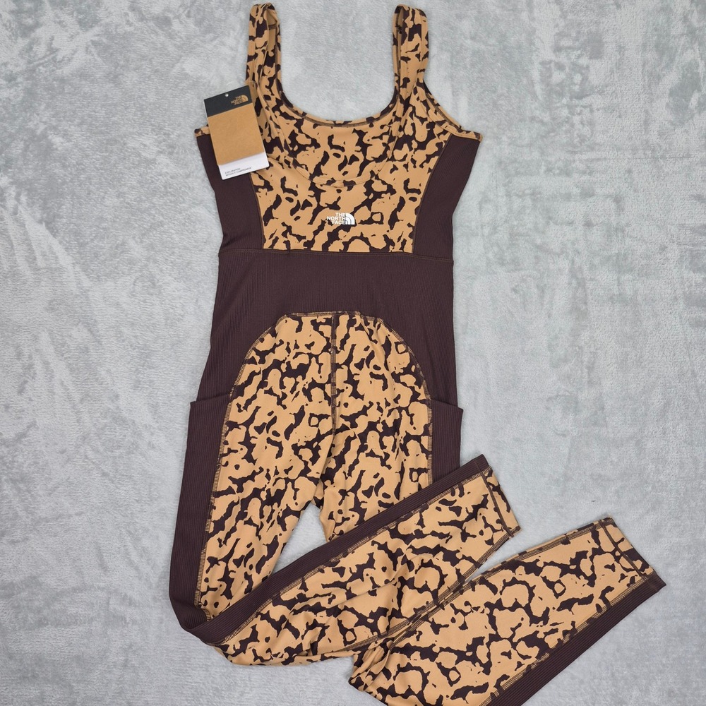 NWT The North Face Dune Sky Athletic Long Almond Butter Leopard Brown Bodysuit S